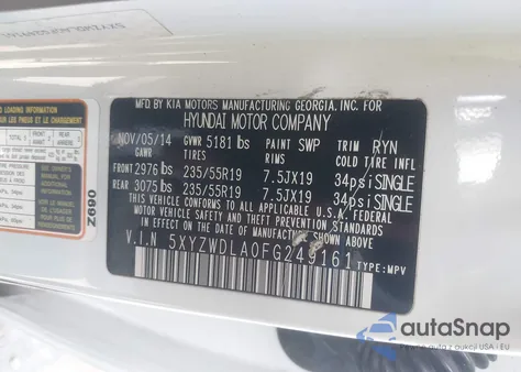 2015 Hyundai Santa Fe Sport 2.0L Turbo z USA, uszkodzony, nr VIN 5XYZWDLA0FG249161